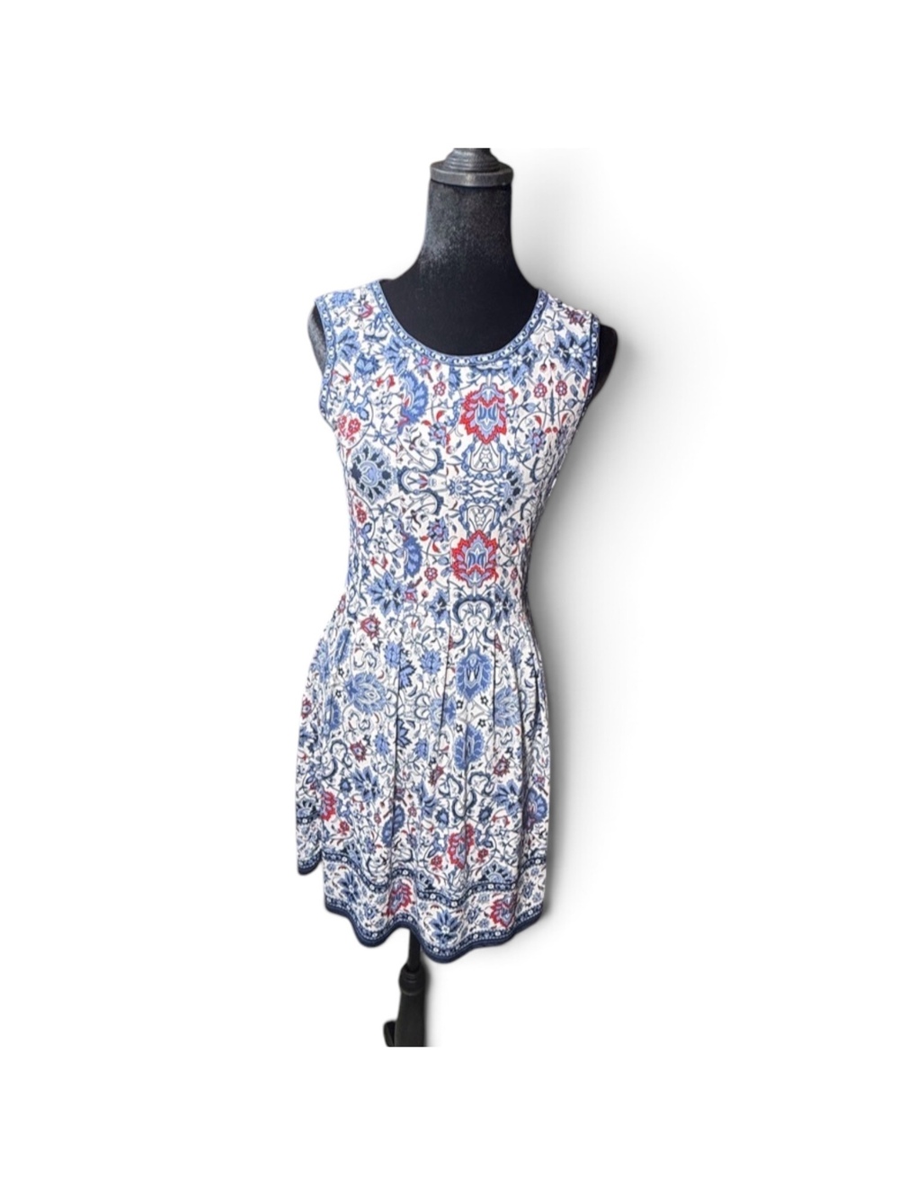 Max Studio Blue White Red Medallion Floral Sleeveless Keyhole Mini Dress XS